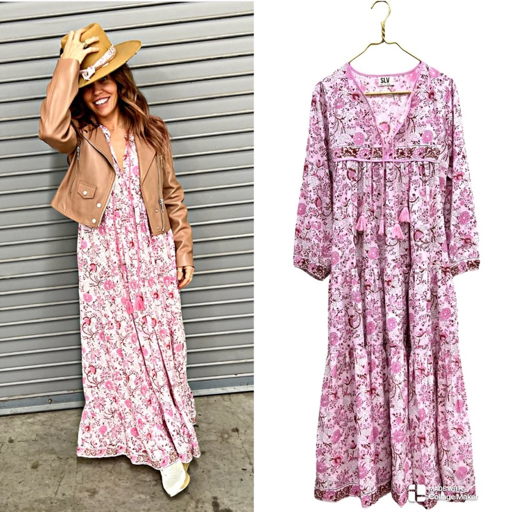 Floral Pink Maxi Dress - Boho V-Neck Tassel Detail
